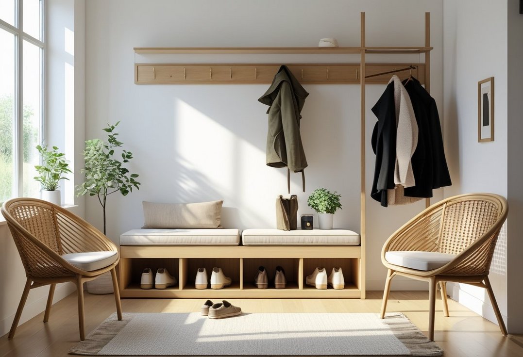 Sådan skaber du en stilfuld og funktionel entre med opbevaringsbænke og flettede stole